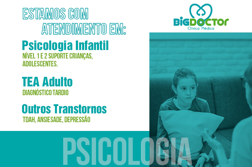 Estamos com atendimento em: Psicologia Infantil, TEA Adulto, e Outros Transtornos